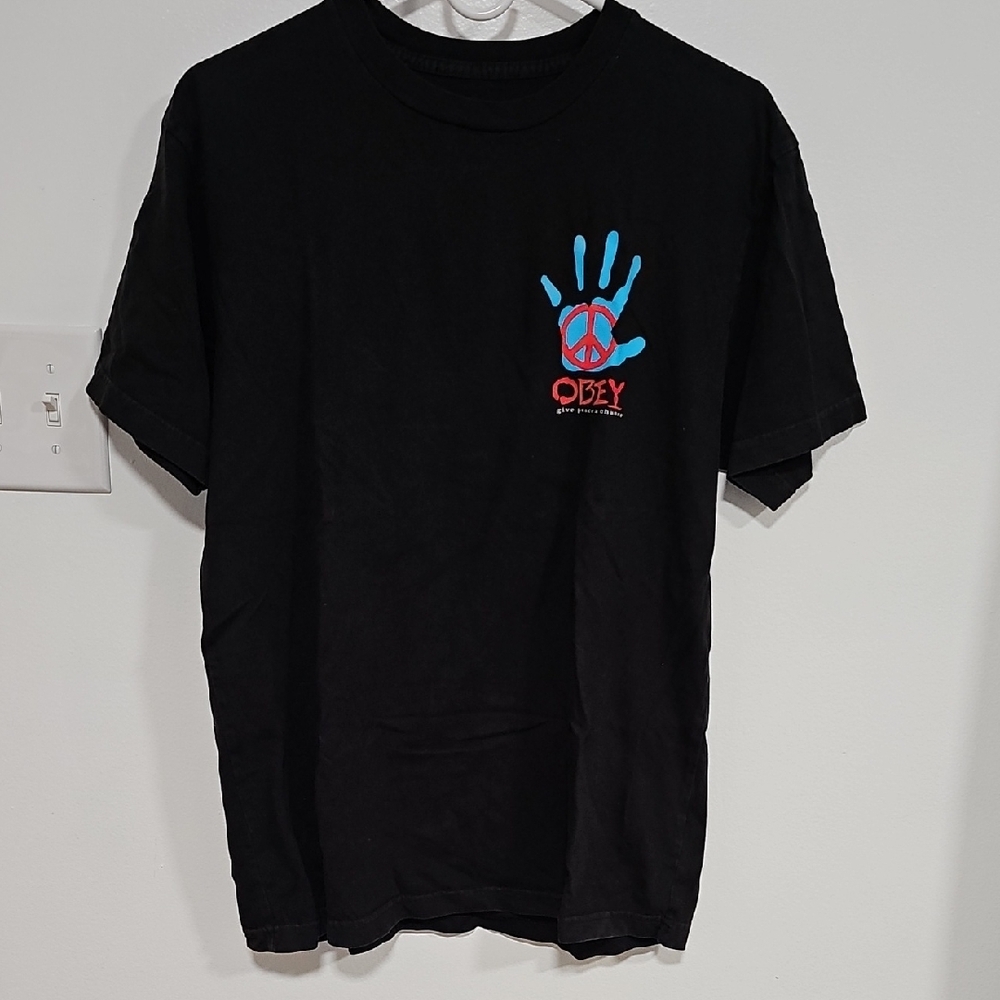 Obey Black Tee with Blue Peace Hand